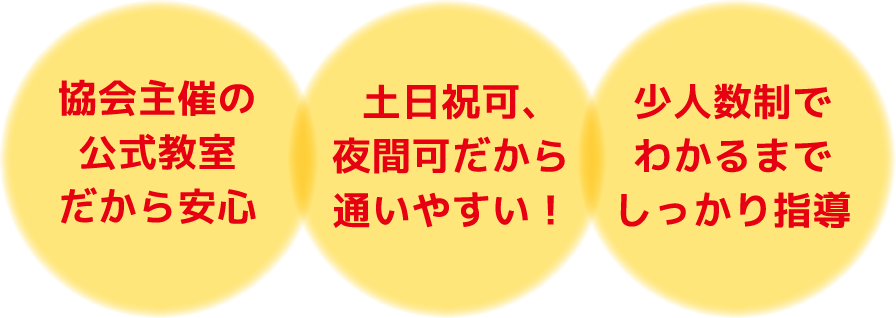 1.協会主催の公式教室だから安心 2.少人数制でわかるまでしっかり指導 3.土日祝可、夜間可だから通いやすい！